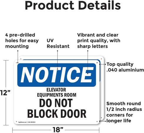 (2 Pack) Elevator Equipment Room Do Not Block Door OSHA Notice Sign, 18 Inch X 12 Inch Aluminum