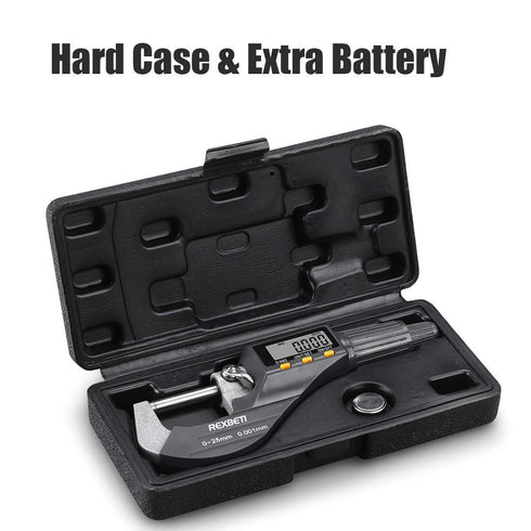REXBETI Digital Micrometer, Professional Thickness Gauge 0.00005"/0.001 mm, Protective Case with Extra Battery