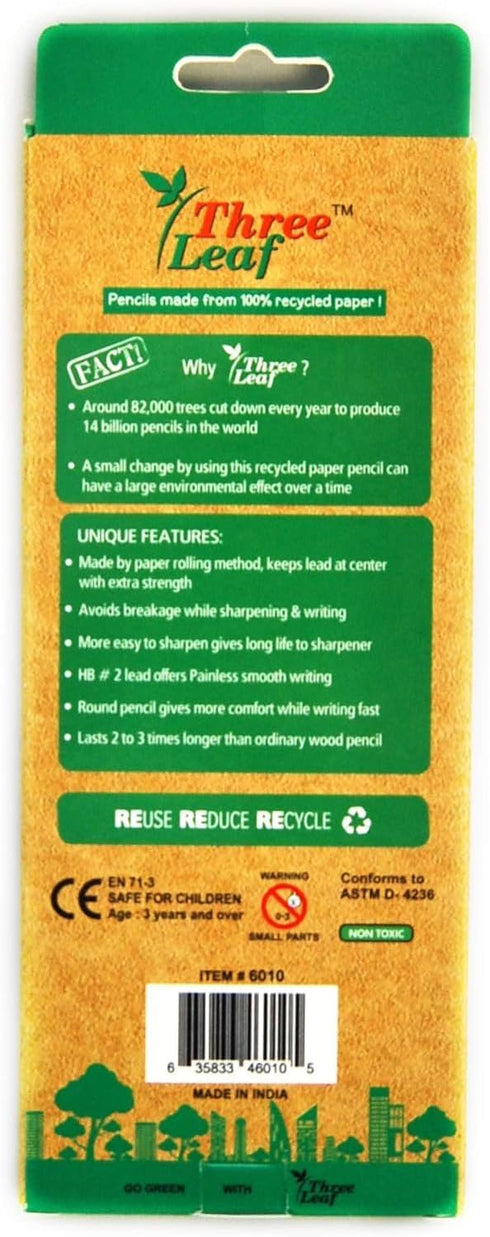 three leaf Recycled Paper Pencils, Pack of 10, Eco-Friendly, Non-Toxic Wood Free Pencil with Latex Free Eraser