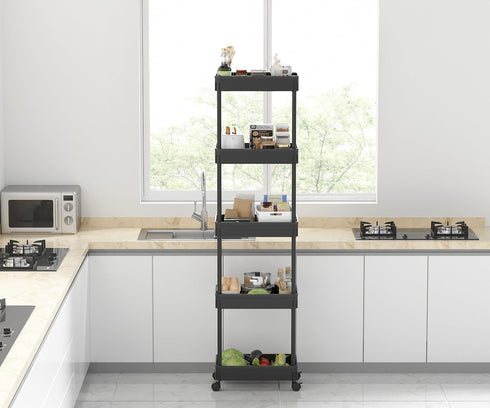 5-Tier Sooyee Plastic Rolling Utility Cart with Wheels, Multi-Functional Storage Trolley for Office, Living Room