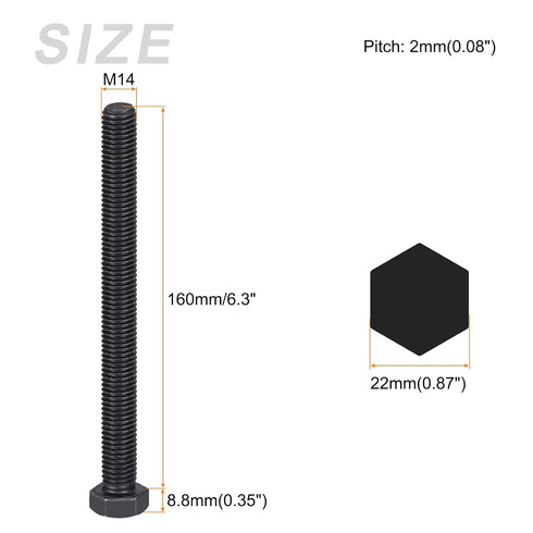 2Pcs Hex Bolts (M14-2x160mm), 8.8 Grade Carbon Steel Fully Threaded Black Oxide Hex Head Screw Bolt