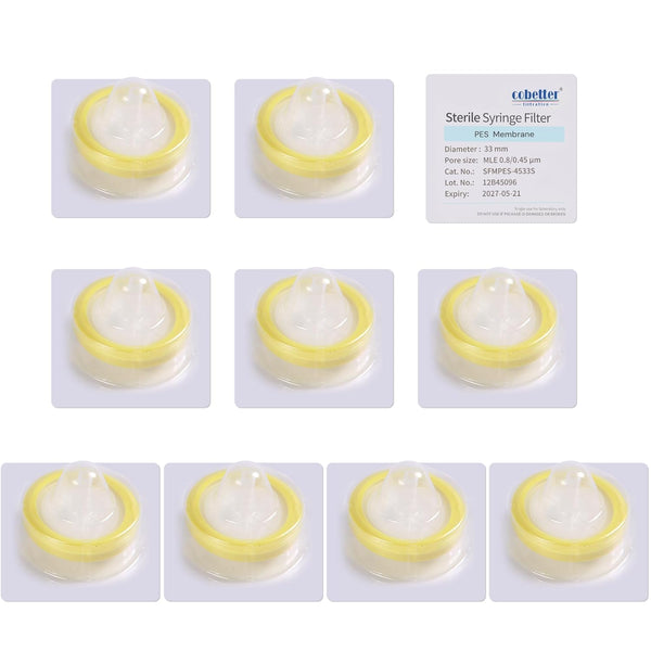 10PCS Syringe Filter PES Hydrophilic Filtration, Sterile Lab Filters 0.45µm 33mm Membrane Diameter Individually Packed