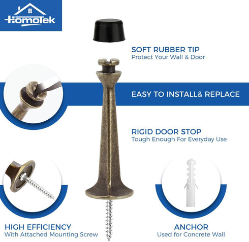 HOMOTEK 4 Pack Heavy Duty Solid Rigid Door Stop - Zinc Die Cast Door Stopper with Soft Rubber Tip, Protect Wall & Door,