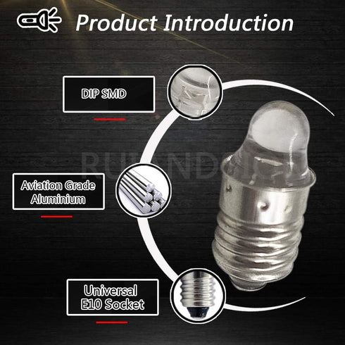 Ruiandsion 4pcs E10 LED Bulbs 3V 6000K White for Torchlight Flashlight, Negative Earth