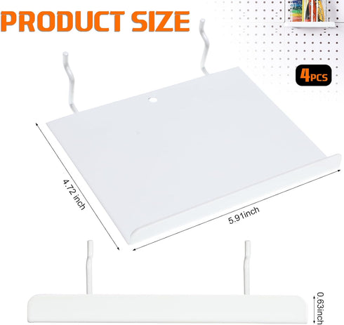 4 Pcs Pegboard Shelves Wall Organizer Peg Board Brackets Pegboard Steel Tray Pegboard Accessories Organizing Tools for Craft Garage Nursery Workbench Kitchen (White,5.91 x 4.72 x 0.63 Inches) by Beeveer