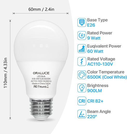 ORALUCE A19 LED Light Bulb, 60 Watt Equivalent, E26 Base LED Bulb 6500K Cool White, 9W Lightbulbs Non Dimmable, 900 Lumens, for Bedroom, Living Room, Kitchen, 12 Pack by ORALUCE