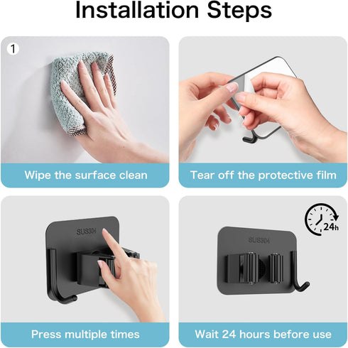 4 Pack nacena No Drill Self Adhesive Broom Mop Holder Wall Mount with Hooks, Heavy Duty Stainless Steel Organizer