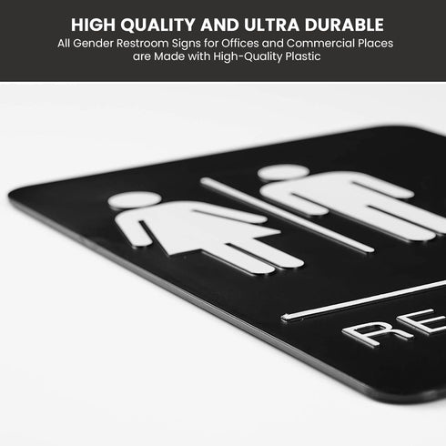 Unisex Braille Restroom Sign - 9 x 6 Inch with Graphical Symbols and Double Sided 3M Tape (Black)