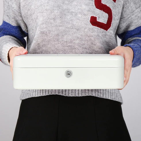 Cash Box with Key Lock, Durable Metal Cash Box with Money Tray, Lock Box Safe Storage Security Locker with Cable, White