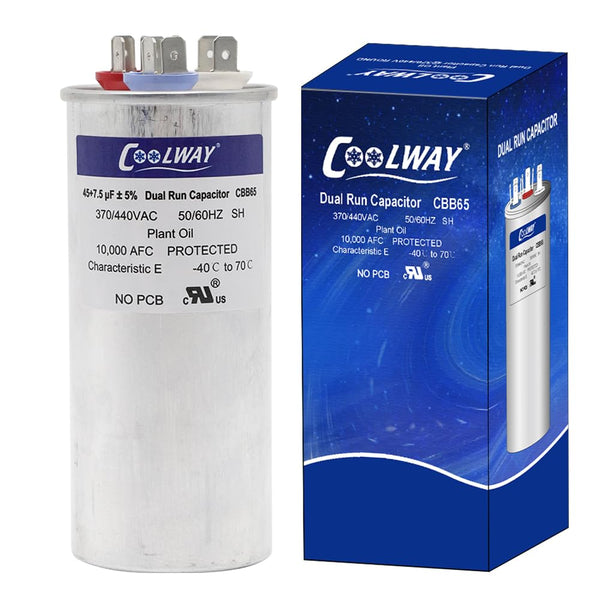 COOLWAY 45/7.5 uF Dual Run Start AC Capacitor 370V or 440V for AC Motor Start, Heat Pump, Condenser, Pool Pump