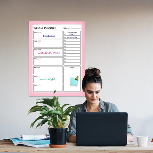 Dry Erase White Board Weekly Calendar Board, 18“x24" Solid Wood Pink Framed Message Board for Office