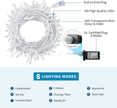 Christmas String Lights, 33FT 100 LEDs Christmas Tree Lights Indoor String Lights 8 Modes with End-to-End Plug Fairy Lights Decoration for Indoor Outdoor, Warm White (Clear Wire) by VTECHOLOGY