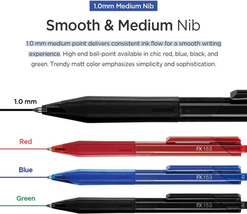 MONAMI FX 153 Retractable Ballpoint Pen, Medium Point (1.0mm), Smudge-Free Ultra Smooth F5 Ink, Black, 12-Count