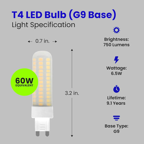 T4 Bulb G9 Dimmable, 60W 5000K 120V, 750 10,000 Bulb, BP60G9/850/LED Feit Electric LED Base, Equivalent, Daylight