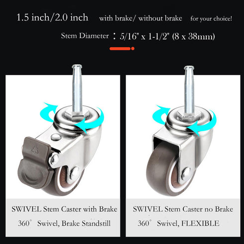 Stem Caster Wheels with 5/16" x 1-1/2" Stem Sockets, TPR Replacement Swivel Casters for Carts and Furniture
