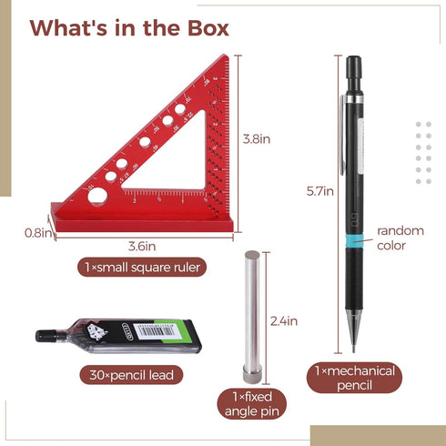 Small Carpenter Square Woodworking Tool, Fixed Angle Pin and 0.9mm Mechanical Pencil for Precision