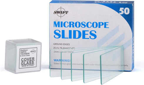 SWIFT Microscope Slides Kit with 50 Pre-Cleaned Blank Slides and 100 Glass Coverslips for Microscopes