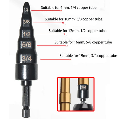 HVAC Repair Tool 5-in-1 Air Conditioning Copper Pipe Expansion Swaging Drill Bit Set.Contains Five Sizes of Drill Bits: 1/4, 3/8, 1/2, 5/8, 3/4., Black