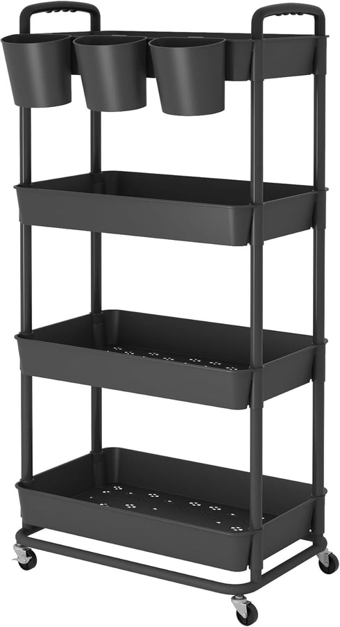 JIUYOTREE 4-Tier Plastic Rolling Storage Cart, Utility Cart with Extra Hanging Cups and Lockable Wheels for Living