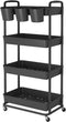 JIUYOTREE 4-Tier Plastic Rolling Storage Cart, Utility Cart with Extra Hanging Cups and Lockable Wheels for Living