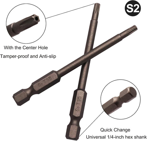 10Pcs Magnetic Torx Head Screw Driver Bits, 75mm/3inch Long, 1/4inch Hex Shank Security Tamper Proof (T15)