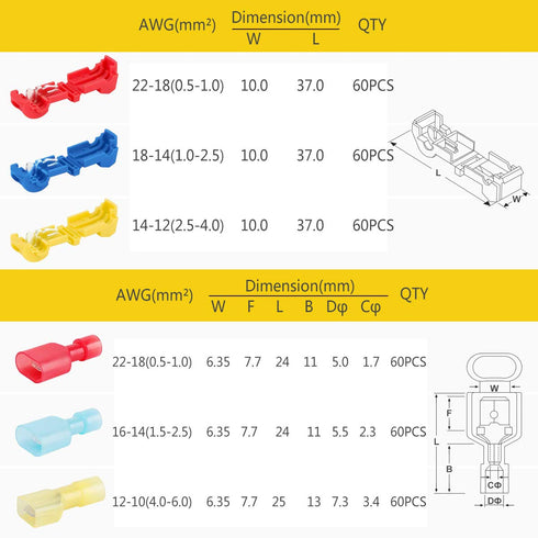 Sopoby 360PCS T Tap Wire Connectors AWG 22-10, Waterproof Quick Wire Splice Taps with Insulated Male Quick Disconnect