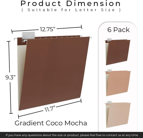Y YOMA 6 Pack Gradient Hanging File Folders, Decorative Letter Size Folder Organizer with Adjustable Tabs, Coco Mocha