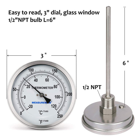 Measureman Fully Stainless Steel Pot, Kettle with Bimetal Dial Thermometer, 3" Dial, 0-250 deg F, Adjustable, 1/2" NPT