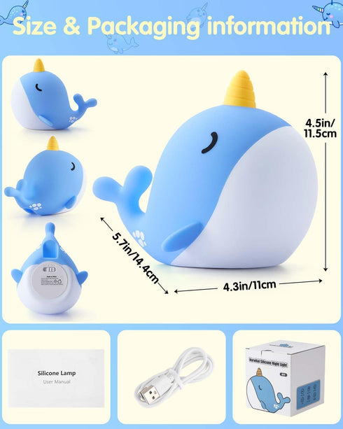 30-Min Fuloon Narwhal Night Light with Whale Shape, Squishy Silicone Kids Lamp, Safe & Soothing Touch Control for Kids