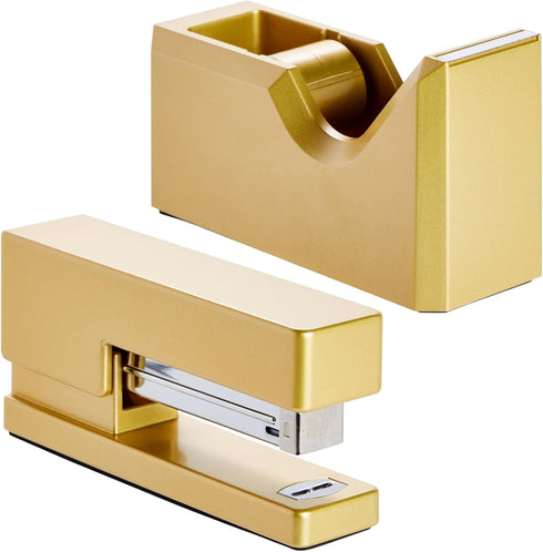 Paper Junkie 2 Piece Matte Gold Stapler and Tape Dispenser Set for Home Office Decor, Classroom Supplies, Desk