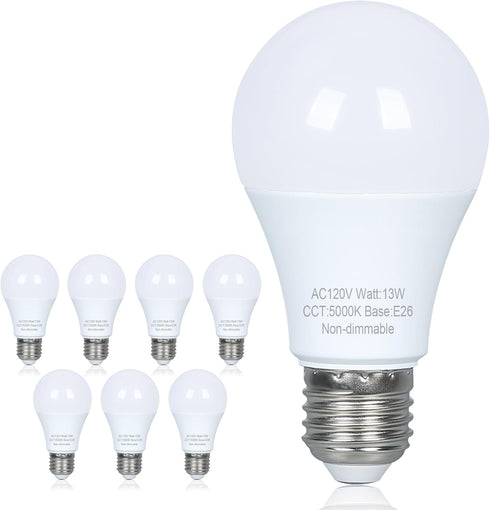 8 Pack LED Light Bulbs, 100 Watt Equivalent, Efficient 13W, Daylight White 5000K, E26 Medium Base, Non-Dimmable