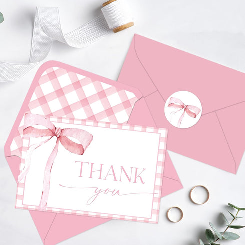 50Pcs JarThenaAMCS Pink Bow Thank You Cards with Envelopes Stickers Greeting Card Watercolor Bow Checkered Blank Note