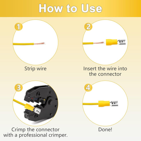 200 Pcs Yellow Female Quick Disconnects, Vinyl Insulated Spade Wire Connectors 12-10 AWG