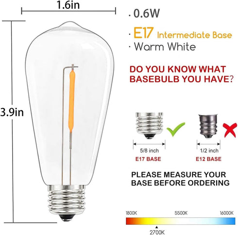 10 Pack LED Edison Light Bulbs, 0.6 Watt Shatterproof Dimmable Replacement Bulbs ST40 E17 Clear Plastic Light Bulbs for Outdoor Patio String Lights, E17/C9 Intermediate Screw Base Bulb, Warm White by SUNSGNE