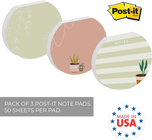 Plant Theme Sticky Note Pad Assortment/Set of 3 Round Flat Top Plant Lady Note Pads / 3.5" Succulent Sticky Notes / 50 Sheets Per Pad/Made in USA by Gotcha Covered Notebooks