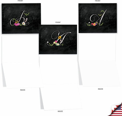 The Best Card Company - 10 Initial Letter A Assorted Blank Notecards, Floral Monogrammed Personal Stationery