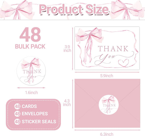 SMUAENSS 48 Pack Pink Bow Thank You Cards, Bowknot Bridal Shower Greeting Card with Envelopes and Stickers for Birthday