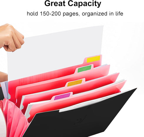 Forvencer Portable Accordion File Organizer, 5 Pocket Expanding File Folder, Cute Black File with Labels