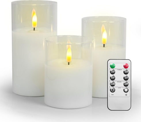 3Pack Flameless Candle in Glass, Flashing LED Pillar Real Wax Fake Candle with Remote Control and Timer, Battery
