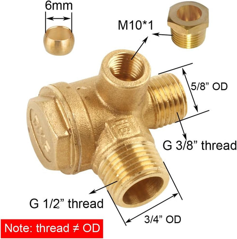 3-Port Brass Air Compressor Check Valve M10*1 x G3/8 Male x G1/2 Male Threaded Central Pneumatic Valve