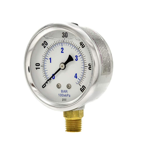 PIC Gauges PRO-201L-254D Pressure Gauge, 0-60 PSI, 2 1/2" Dial, 1/4" Male NPT, Bottom Mount, Glycerin Filled