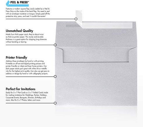 LUXPaper Silver Metallic A7 Invitation Envelopes | Peel & Press | 5 1/4" x 7 1/4" | 80lb Text | 50 Qty