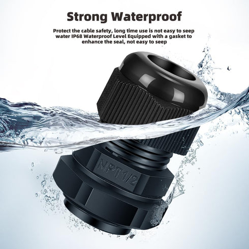 Cable Gland 12 Pack 1/2" NPT Waterproof Adjustable Connector Strain Relief Cord Connectors Joints Nylon with Gaskets