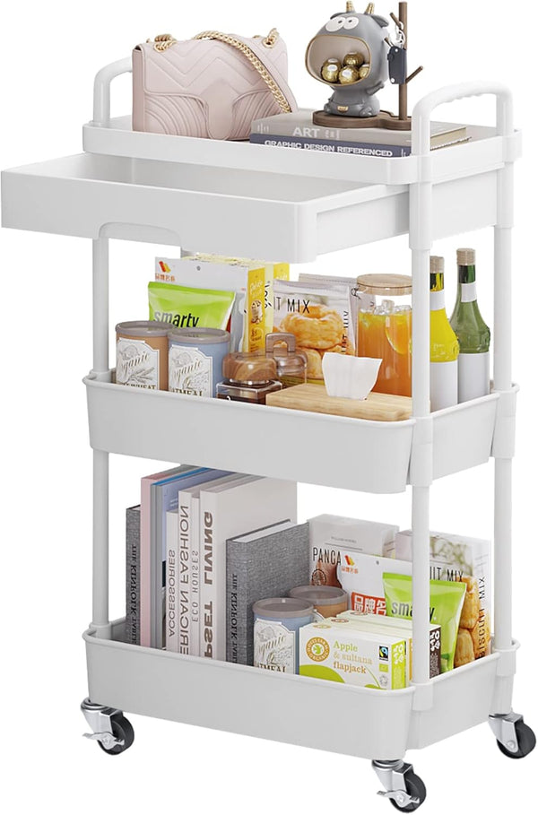 Calmootey 3-Tier Rolling Utility Cart with Drawer, Multifunctional Storage Organizer for Kitchen, Bathroom, Office