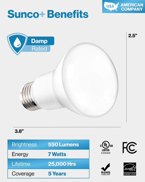 Sunco Lighting 6 Pack BR20 LED Bulbs, Indoor Flood Light, 3000K Warm White, 50W Equivalent, E26 Base