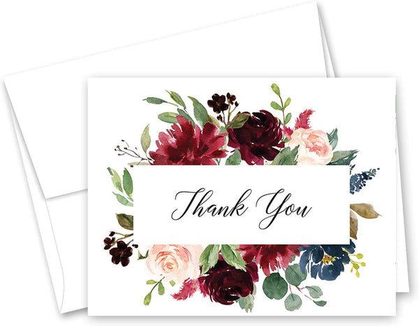 InvitationHouse Burgundy and Blush Floral Thank You Cards and Envelopes (set of 50)