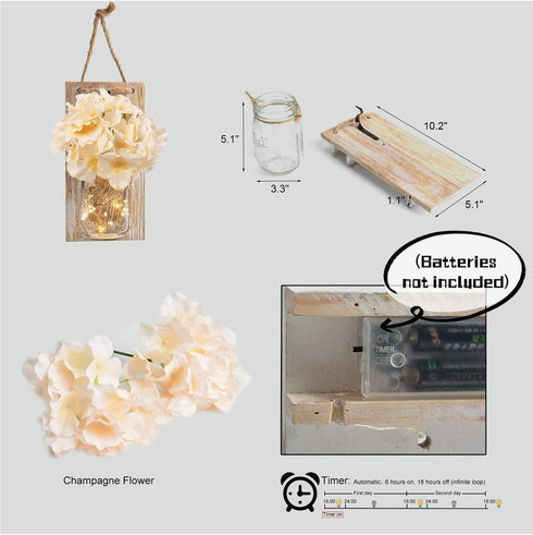 2 Pack, Mason Jar Wall Decor -Rustic with Hydrangea Flowers - Rustic Farmhouse Wall Sconces, Easy Installation (Khaki