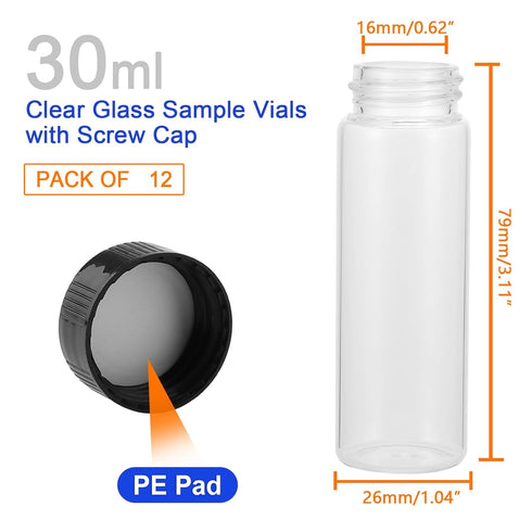 12PCS 30ml Glass Sample Bottles Small Vials with Plastic Screw Cap Container Sample Vial