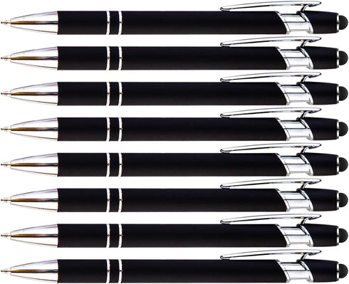 PASISIBICK 8 Pack Black Ballpoint Pens 2-in-1 Stylus Retractable Metal Stylus Pen