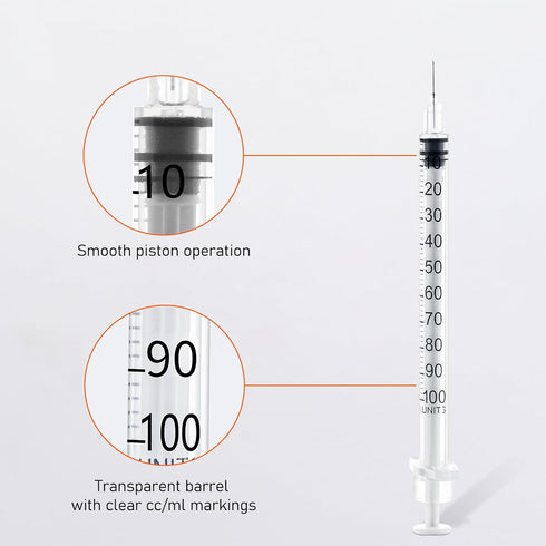 31 1cc 5/16 inch 100 1ml Packaged, 100Pack Gauge Syringe - U Syringe with Needle Disposable Lab Supplies, Individually